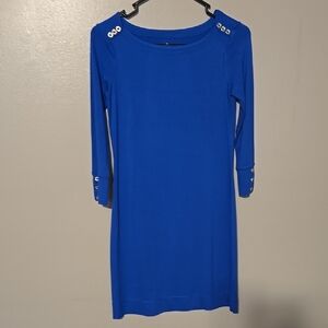 Lilly Pulitzer Blue Dress Size XXS Gold Button Shoulder‎ & Cuff Accents Stretch